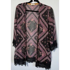 Mason & Bella Sheer Open Front Kimono Black Floral Womens L Crochet Sleeve Hem